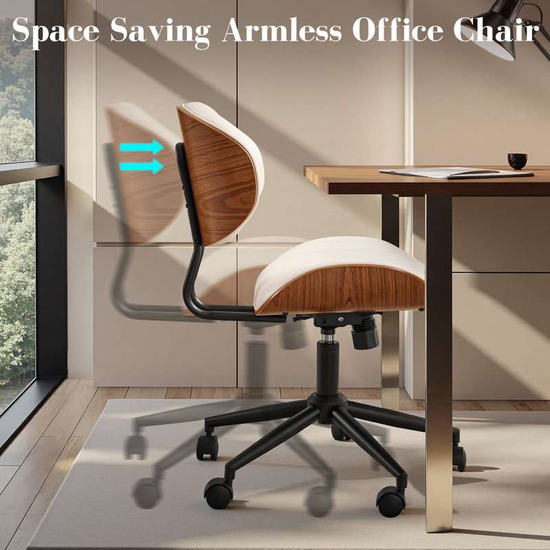 Modern Ergonomic Faux Leather Swivel Task Chair With Adjustable Height For Home Office Desk, Ivory/Brown