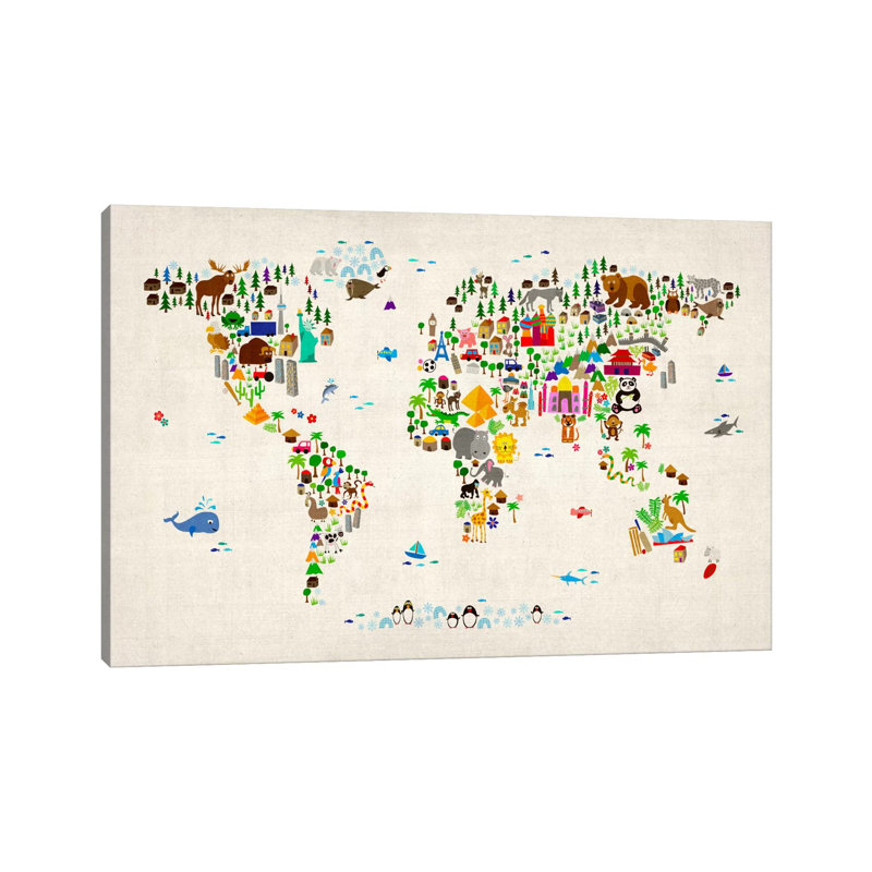 Animal Map Of The World II by Michael Tompsett - Print on Canvas, 66.04 cm H x 45.72 cm W x 1.91 cm D, No Frame