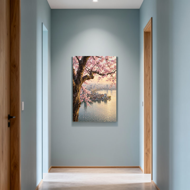 Plantes et fleurs, cerisier en fleurs, paysage urbain, réflexion de l'eau, H 18 po x l 12 po