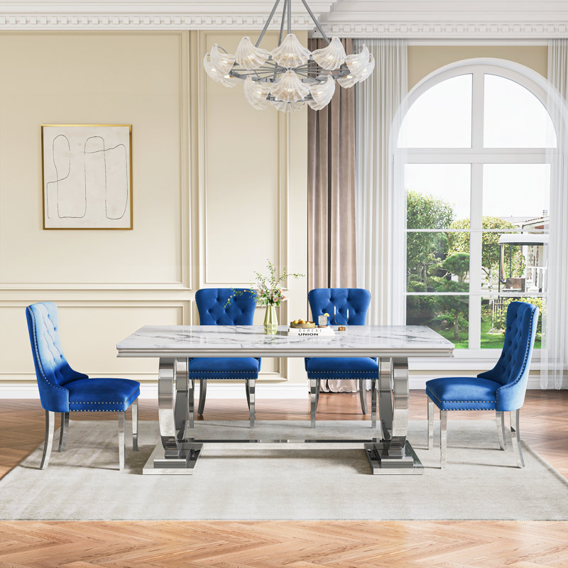 Rectangular 70.1"L X 35"W Dining Set, Bleu / Argent, Blanc / argenté, 5 pièces: table, 4 chaises