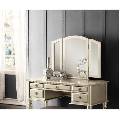 Meuble-lavabo de chambre à coucher élégant avec miroir pliable - argenté, 5 tiroirs, tabouret rembourré, bois d'hévéa argenté, miroir, placage de bouleau