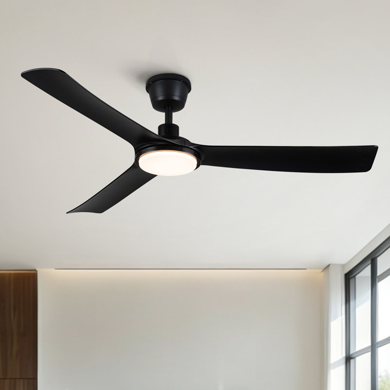 Homelover 56 Inch Black With Black Blades Outdoor Ip66 Waterproof Mordern Integrated Led Propeller Ceiling Fan With Light 3 Blades