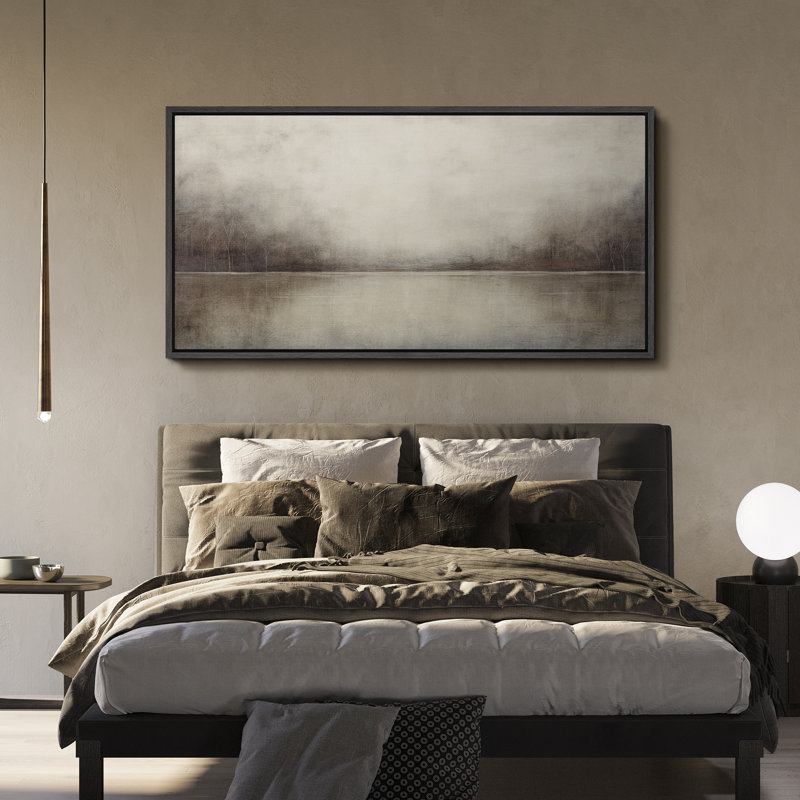 Minimal Landscape "Moody Brown With Green Tunes Artwork, Retro Neutral Tranquil Abstract Landscape Wall Pictures, Extra Large Framed Canvas Giclee Print Wall Art"
