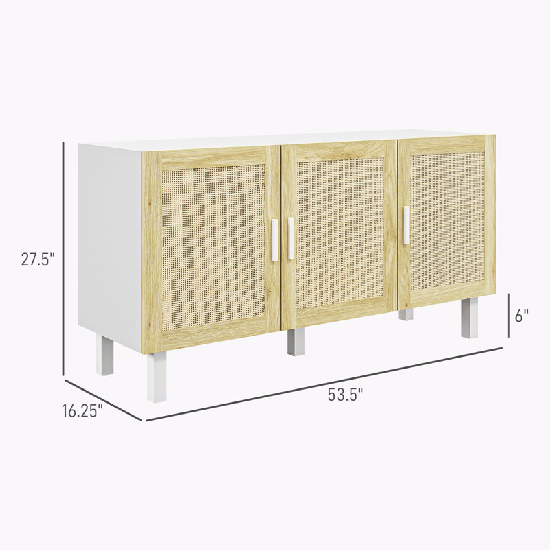 Armoire avec 3 portes en rotin et tablettes réglables, Naturel / Blanc