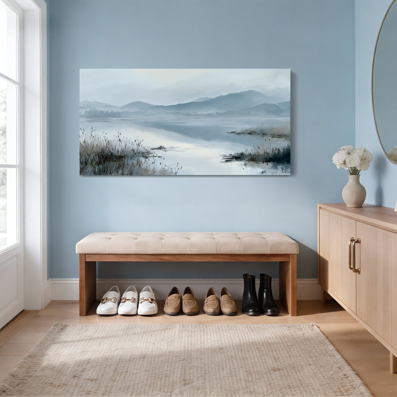 Ensemble de 1 tableau sur toile tendue représentant un paysage de lac brumeux, H 12 po x l 36 po
