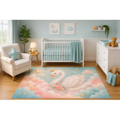 "Ultra Lightweight" 5'x7' Princess Swan Area Rug for Nursery Room, Cute Crown Floral Clouds and Stars Fantasy Design for Baby Girl Bedroom Decor, Non-Slip Silicone Backing Low Pile
