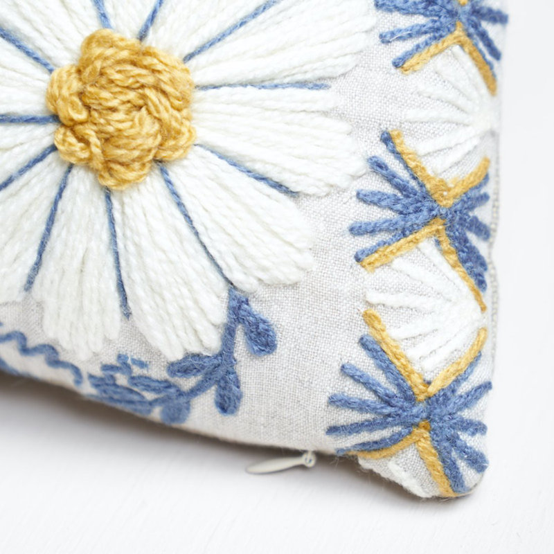 Marguerite Embroidery Pillow, Blue/Ochre