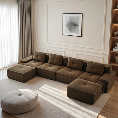 Canapé modulaire désossé de 152,8 po pour le salon, canapé modulaire modulaire avec méridienne en forme de U, canapé rembourré en tissu de velours côtelé à 4 places et siège profond sans assemblage, conception antidérapante