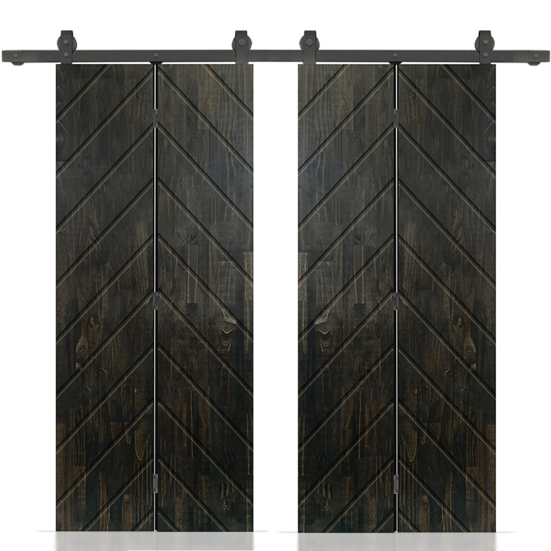 Porte de grange double pliante en bois de pin teinté avec quincaillerie coulissante, Noir anthracite, 60 po x 84 po