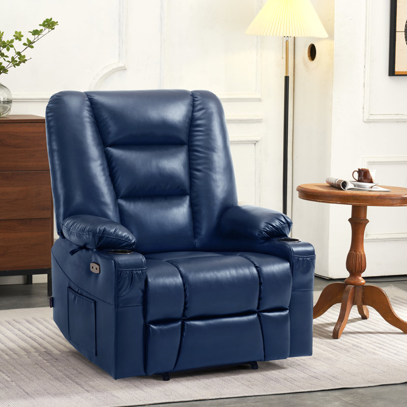 Ellamae Wide Power Recliner Lift Chair with Massage and Heat, Faux Leather, Blue Faux Leather