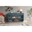Console moderne avec 3 tiroirs et 2 tablettes, base en bois massif, bleu