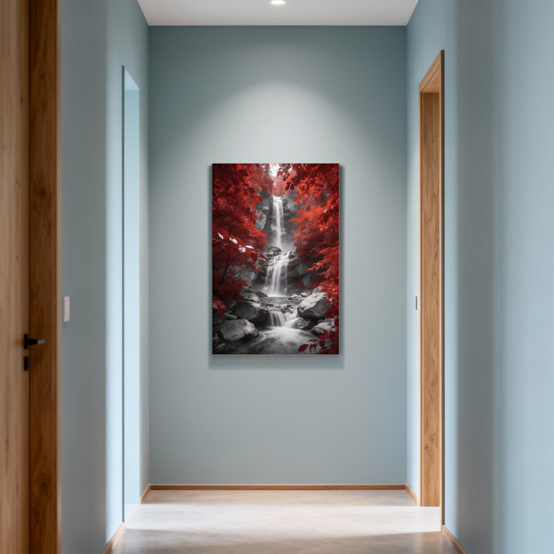 Plantes et fleurs, feuilles rouges, chute d'eau, forêt, ruisseau, art naturel, H 18 po x l 12 po
