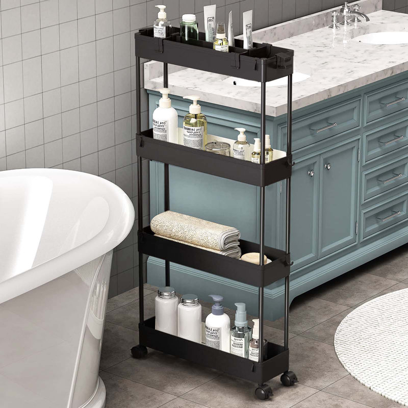 Slim Storage Cart 4 Tier, Storage Organizer Rolling Utility/ Mobile Shelving Unit Slide Out Storage Cart, Black