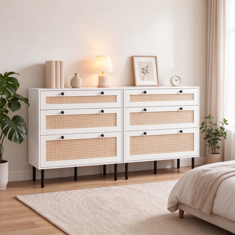 White Boho Rattan Chest of Drawers, 3-Drawer Wooden Storage Cupboard with 5 Metal Legs, Storage Organiser Unit for Bedroom, Living Room & Hallway