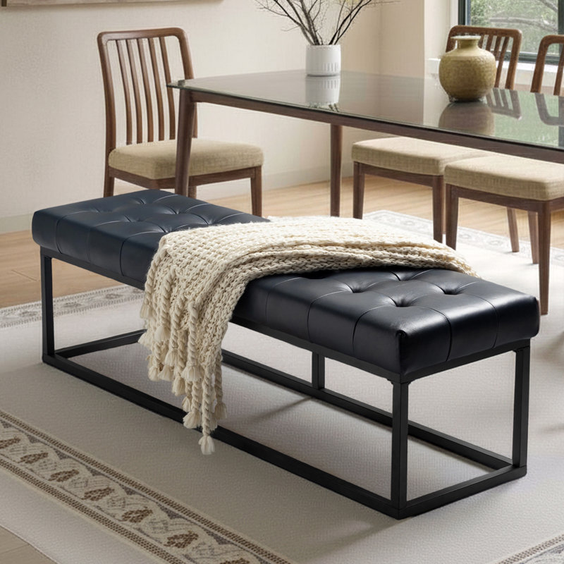 Banc en cuir véritable industriel moderne l 60 po Anahli, Marine