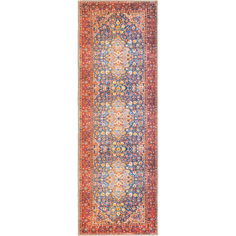 Tapis oriental bleu marine / rouge / orange, Tapis de couloir 2 pi x 6 pi