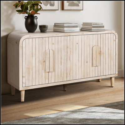 59'' Farmhouse Curved Vintage Storage Sideboard With Large Wooden Handles, Vertical Wood Grain Carving And Adjustable Shelves For Kitchen, Dining Room