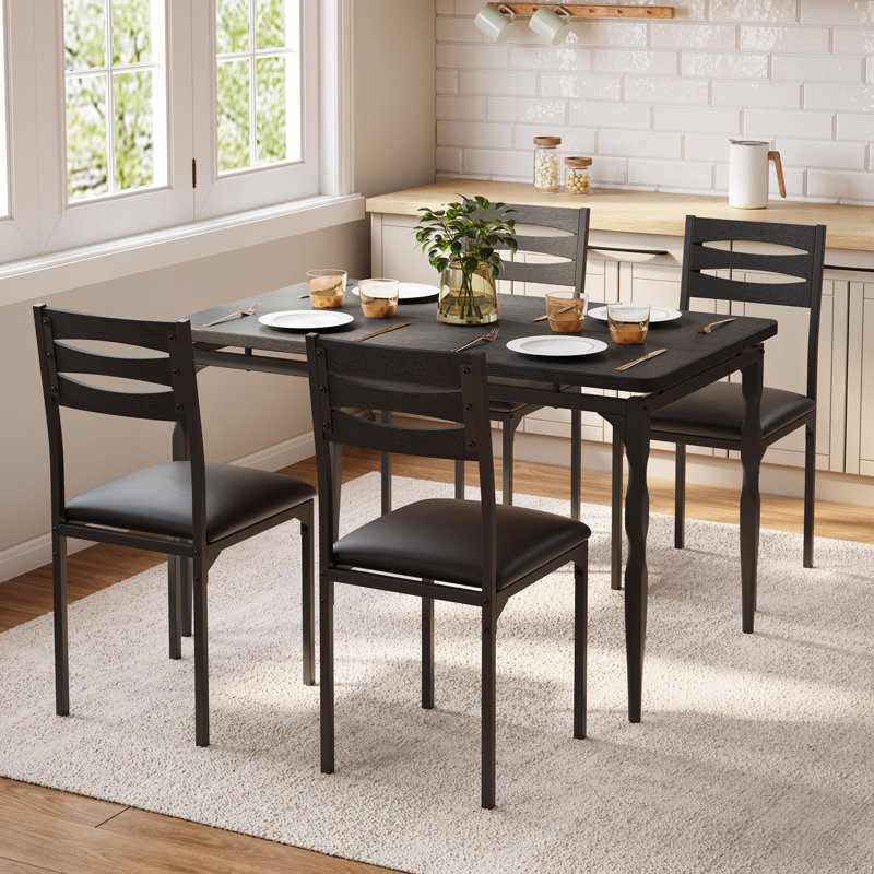 5-Piece Dining Table Set for 4 with Upholstered Chairs, Space-Saving Kitchen Set with Spiral Legs, Black, Black