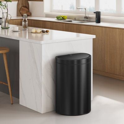 EKO Mirage Semi-Round 47L / 12.4 Gal Motion Sensor Trash Can, Automatic Kitchen Trash Bin With Deodorizer Compartment, Removable Lid & Inner Bucket, Stainless Steel Garbage Can, Matte Black