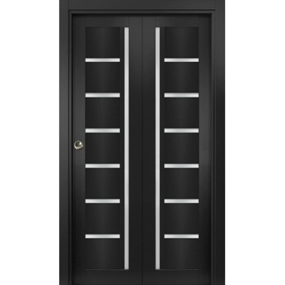 Sliding Closet Bi-fold Doors 42 x 84 Quadro 4088 Matte Black with Frosted Glass Sturdy Tracks Moldings Trims Hardware Set Wood Solid Bedroom Wardrobe Doors