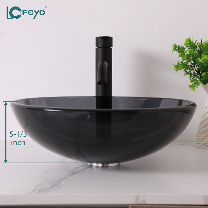 Lavabo de salle de bain en verre 15,5 po Lofeyo - Élégant lavabo vasque en verre trempé avec bonde escamotable 