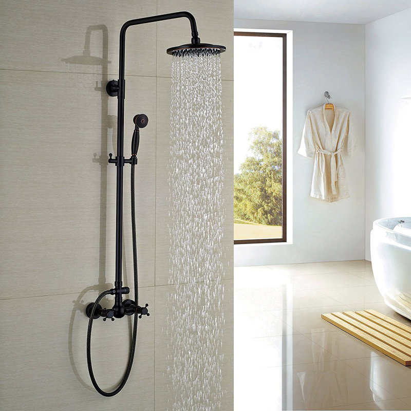 9999-ORB Rain Shower System Set 2 Knobs Mixing 8 Inch Round Rainfall Shower Head With Handheld Spray Bathroom Shower Faucet