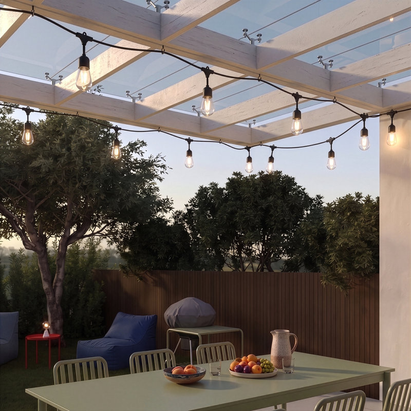 Ambience Pro 27 ft. Solar Outdoor Patio LED String Lights with 12 Warm White S14 Bulbs, 15 Hanging Hooks Included, Weatherproof