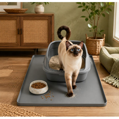 Gray 24 x 20 in silicone litter box mat with a thick, waterproof and leak-proof design; raised edges make it suitable beneath a kitty litter box or as a feeding tray while helping protect floors and carpet.