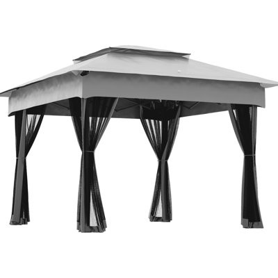 Tonnelle pliante de 3,35 m (11 pi x 11 pi) pour jardin. Moustiquaire amovible avec fermeture éclair, tente de terrasse instantanée. Surface ombragée de 10,6 m² (114 pi²), sac de transport inclus, tonnelle grise, abri extérieur avec moustiquaire. Gris, sac de transport pour jardin.