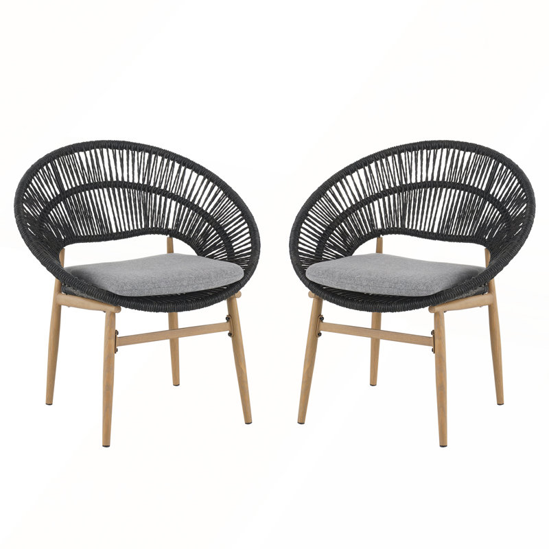 Ensemble de 2 chaises d'extérieur en osier de style papasan, Coussin gris foncé / structure noire