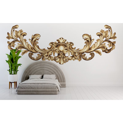Adhésif décoratif tête de lit baroque doré, art mural de chambre ornée, art mural rétro amovible 112Mv