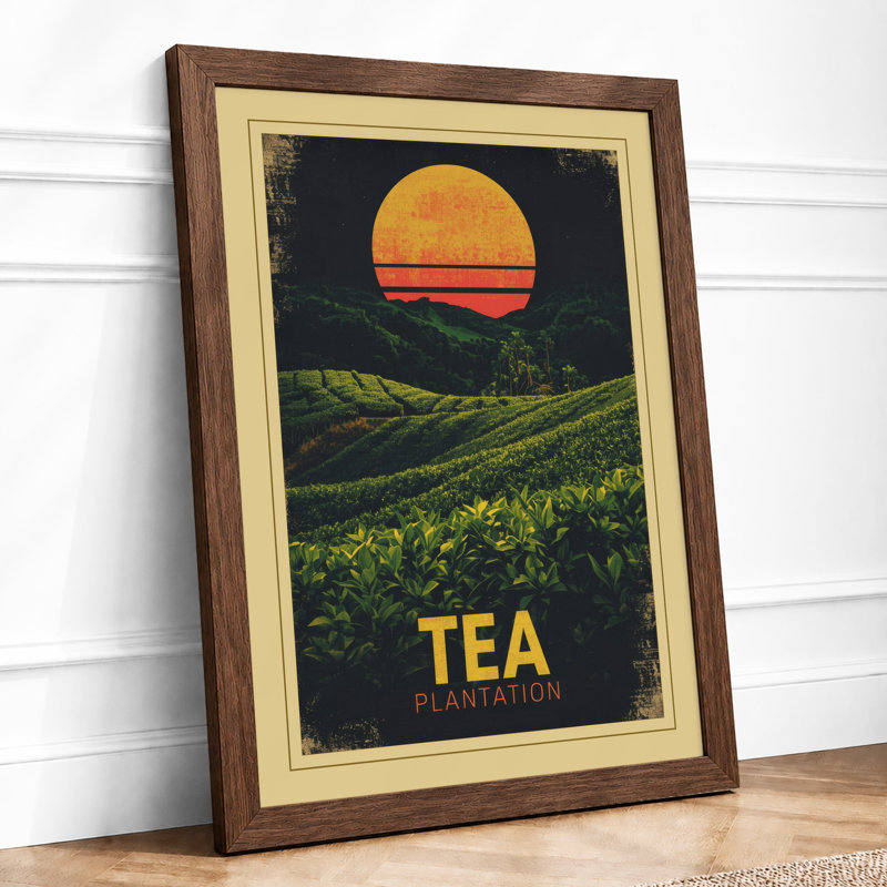 Tea Plantation At Sunrise Vintage - Print, Walnut, A1 - 84.1 x 59.4 cm