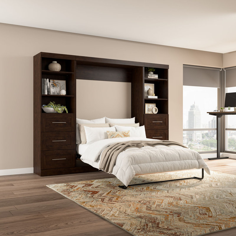 Arlex Storage Murphy Platform Space-Saving Wall Bed, 2 Shelving Units with Drawers, Chocolate, Full