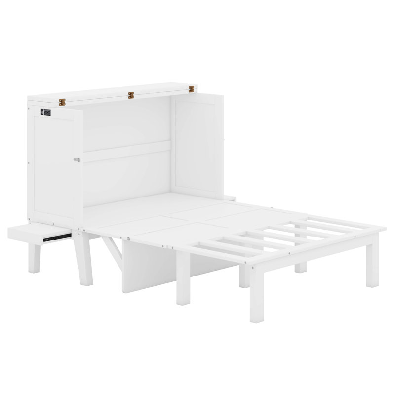 Lit escamotable avec port USB et tablettes amovibles, Double, Blanc