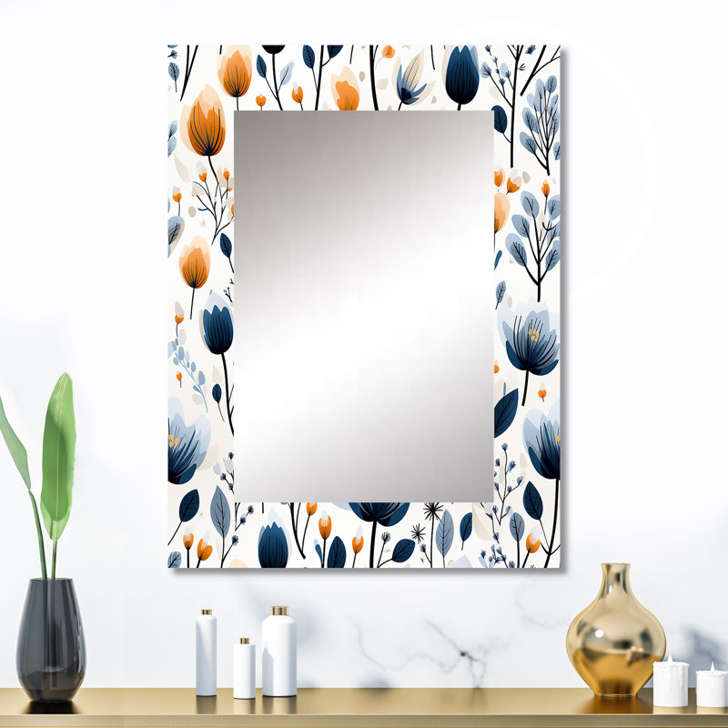 Celissa Cottage Blue And White Floral Bloom Pattern - Floral Unique Wall Mirror, Cottage Mirror, Printed Metal Art, 32" x 24"