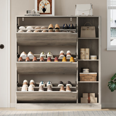 Armoire à chaussures style campagne 43,3 po avec 3 tiroirs rabattables et armoire latérale, rangement pour chaussures autoportant avec tablette réglable pour le vestibule