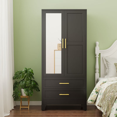 Metal Armoire Wardrobe Closet Cabinet with Mirror and 2 Drawers by Winston Porter
