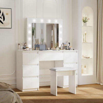 Large White Vanity Table with Adjustable LED Lighting and Ample Storage Drawers for Modern Bedrooms