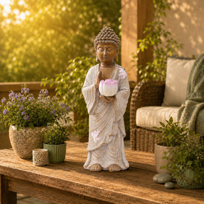 11.1"h Standing Solar Buddha Statue: Waterproof Resin Zen Decor With One Hand Holding Lotus And Light - Patio Yard Lawn Decoration(white)
