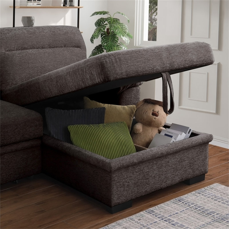Canapé-lit modulaire en chenille l 94 po Kipriano II avec méridienne et rangement droit, Brown Chenille