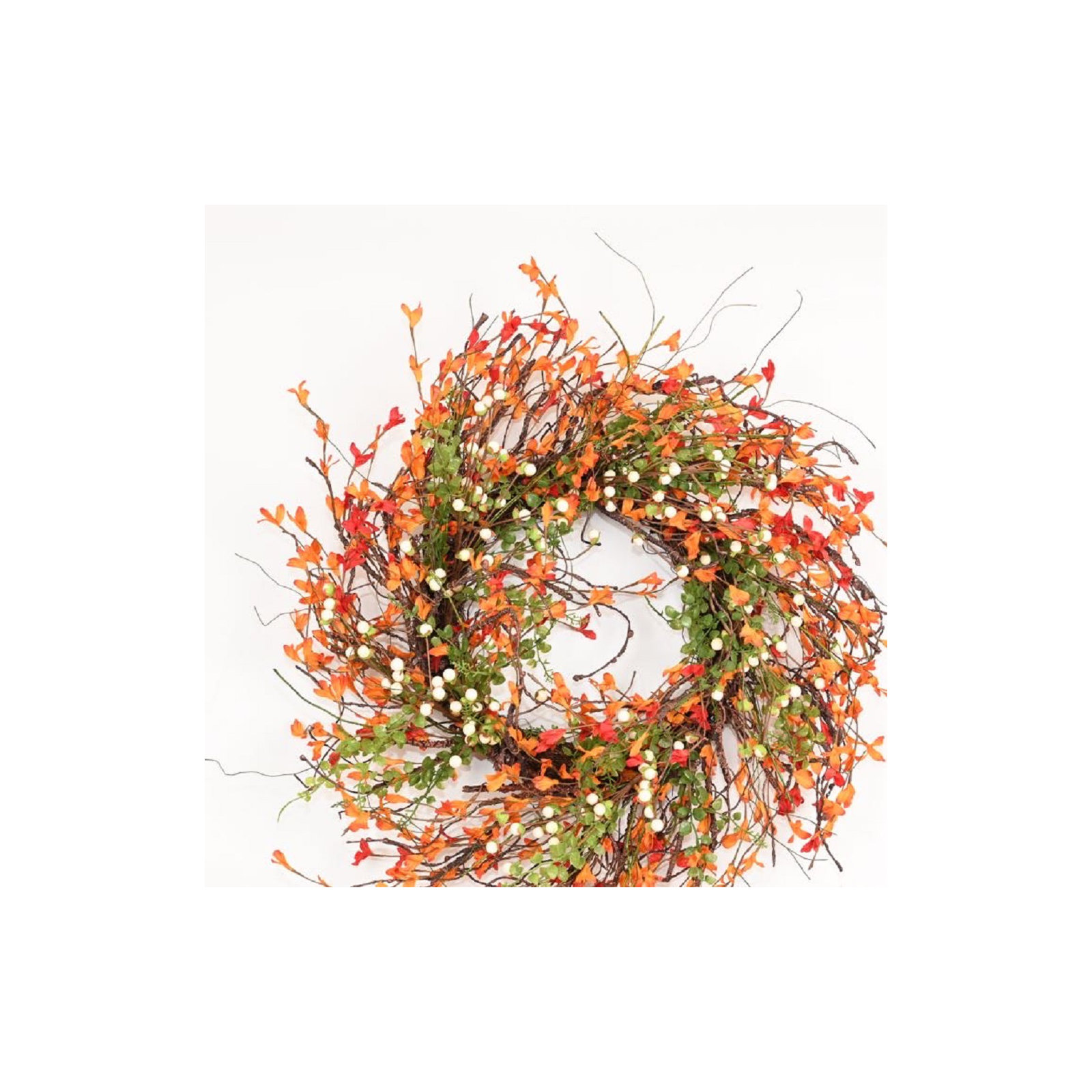 24" Artificial Farmhouse Twig Blossom Cluster Fall Foliage Berry Thanksgiving Day Harvest Front Door Wreath, White/Orange
