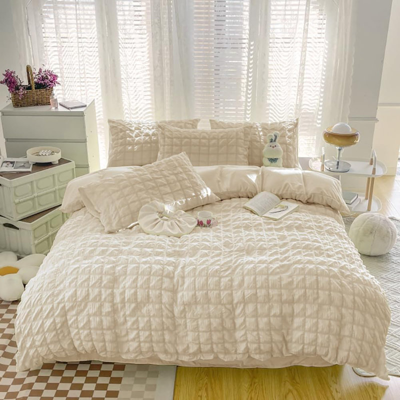 Checked Pattern Reversible Bedding Duvet Cover Solid Colour, Beige, King Duvet Cover + 2 Standard Pillowcases