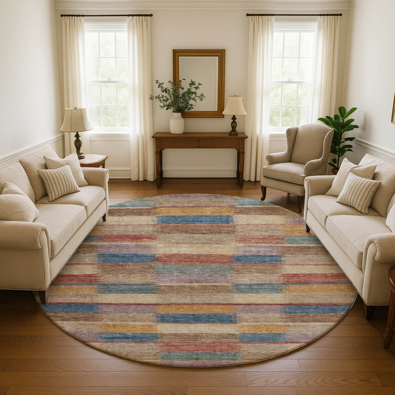 Premium Machine Washable Brennon AMF1628 Stripes Rug, Round 8'