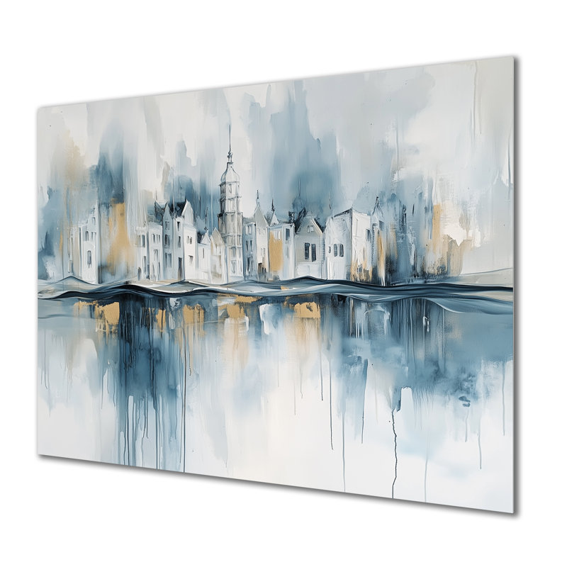 Ville du Canal Brumeux - Impression sur métal représentant un paysage urbain bleu, H 34 po x l 44 po