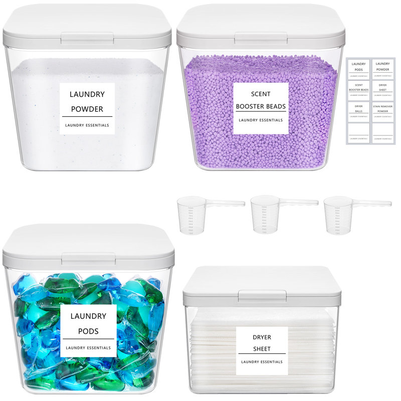 4 Pack Laundry Pods Container & Dryer Sheet Holder Sets, Laundry Powder Container With Press-to-open Lid, Laundry Room Organization And Storage For Bead, Scent Booster With Labels And Spoons