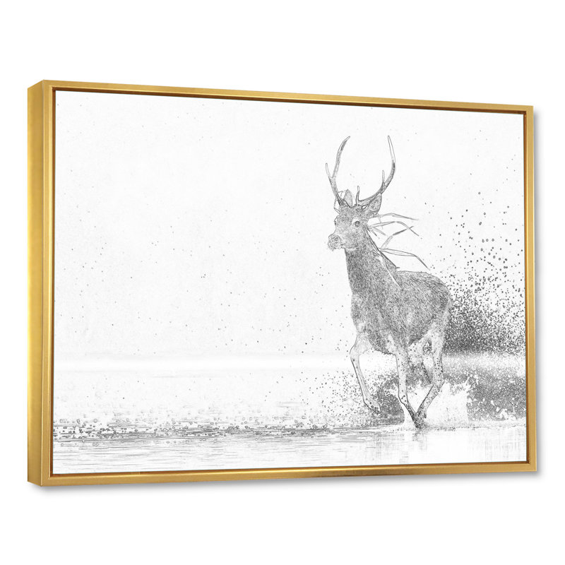 Cerf noir et blanc croquis - reproduction de cadre flottant sur toile, H 24 po x l 36 po x P 1 po, Cadre flottant doré