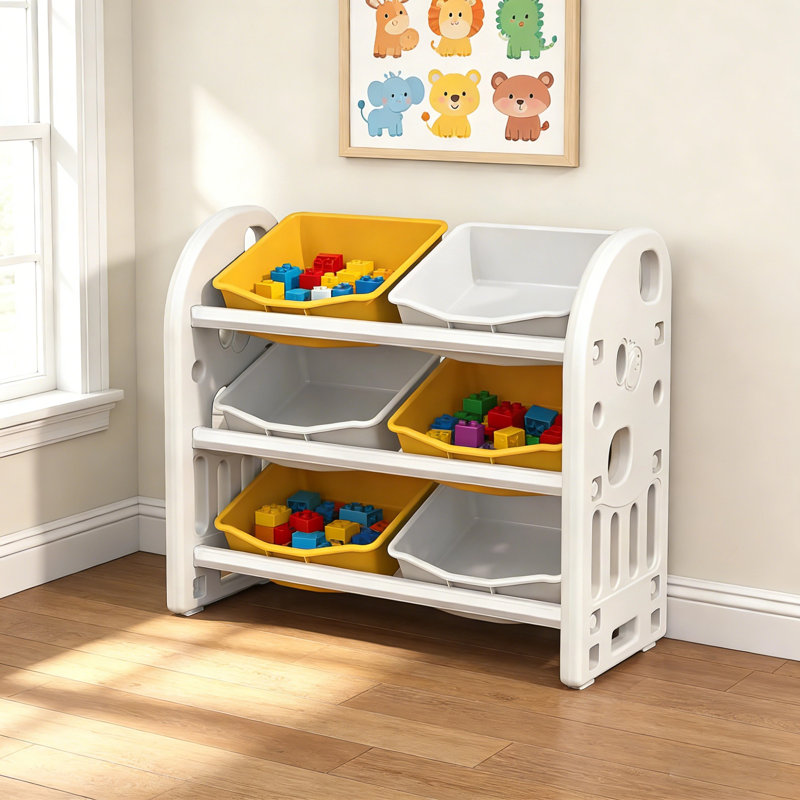 Multi-Functional Kids Toy Storage Organizer With 6 Bins And HDPE Shelf, Yellow