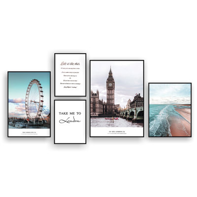 London Paintings Composition - 5 Piece Single Picture Frame Print on Canvas