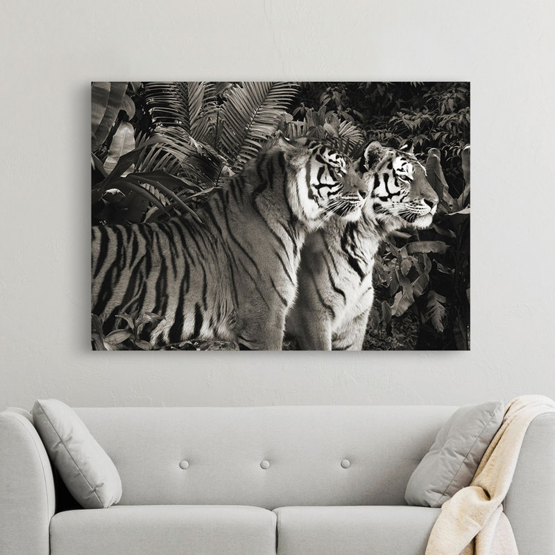 Two Bengal Tigers (BW) - Wrapped Canvas Print, 70cm H x 100cm W x 4cm D