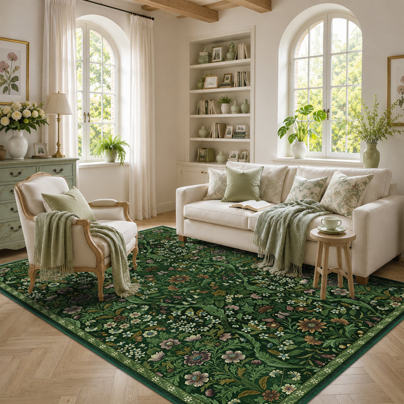 Washable Area Rug - Vintage Boho Botanical Low-Pile Rug, Rectangle 5' x 7', Dark Green